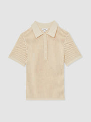 Women Cotton-Blend Open-Knit Polo Shirt in Ivory