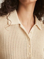 Women Cotton-Blend Open-Knit Polo Shirt in Ivory
