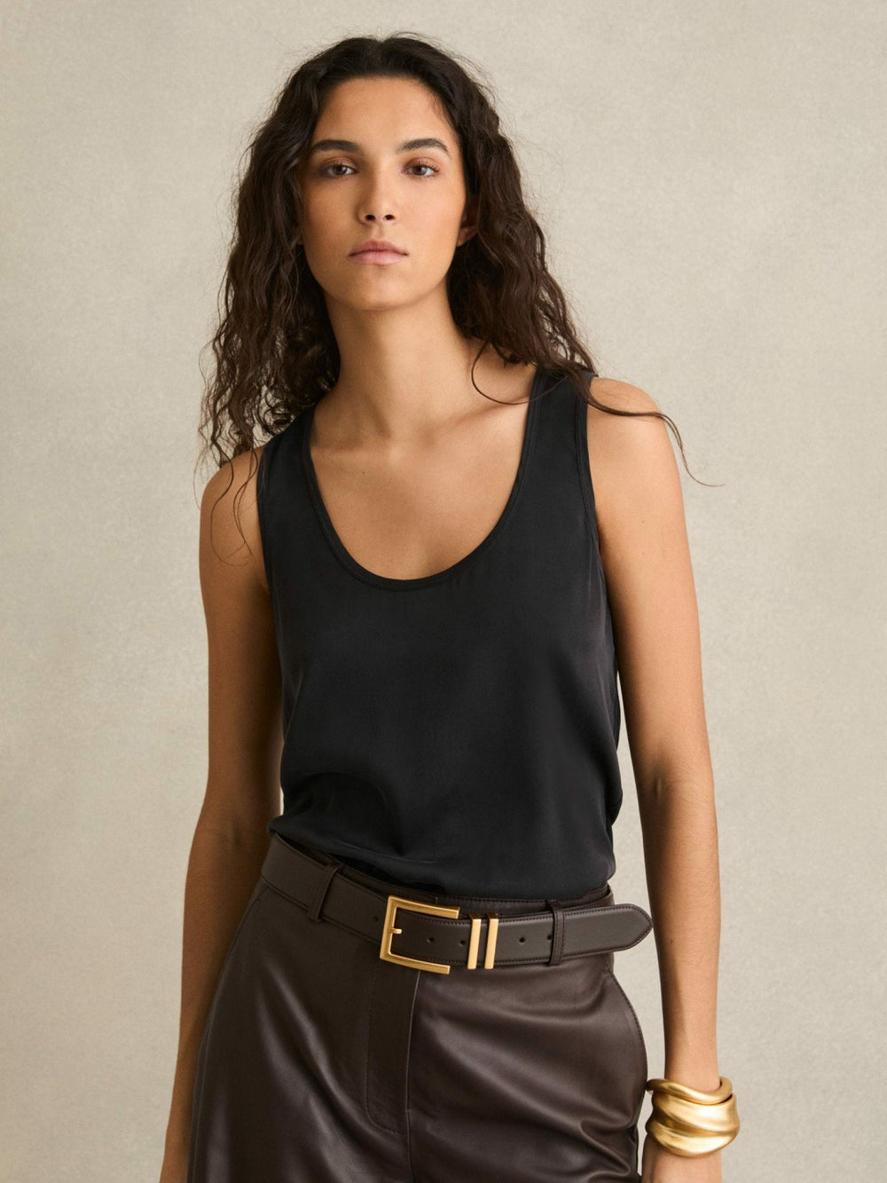 Women Silk-Front Cami Top in Black