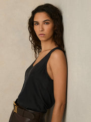 Women Silk-Front Cami Top in Black
