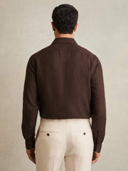 Men Linen Button-Through Shirt in Dark Brown