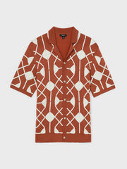 Men Geometric Embroidery Knit Shirt in Paprika Red