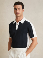 Men Colour-Block Knit Polo Shirt in Navy/White