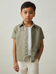 Children & Baby 3-9 yrs Short Sleeve Linen Shirt in Thyme Green