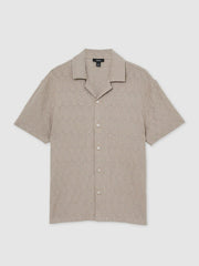 Men Cotton Textured Cuban-Collar Shirt in Mink Brown
