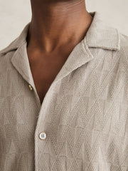 Men Cotton Textured Cuban-Collar Shirt in Mink Brown