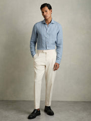 Men Linen Striped Long Sleeve Shirt in Airforce Blue/White Bengal Stripe