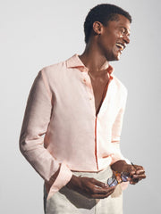 Men Linen Button-Through Shirt in Prep Pink