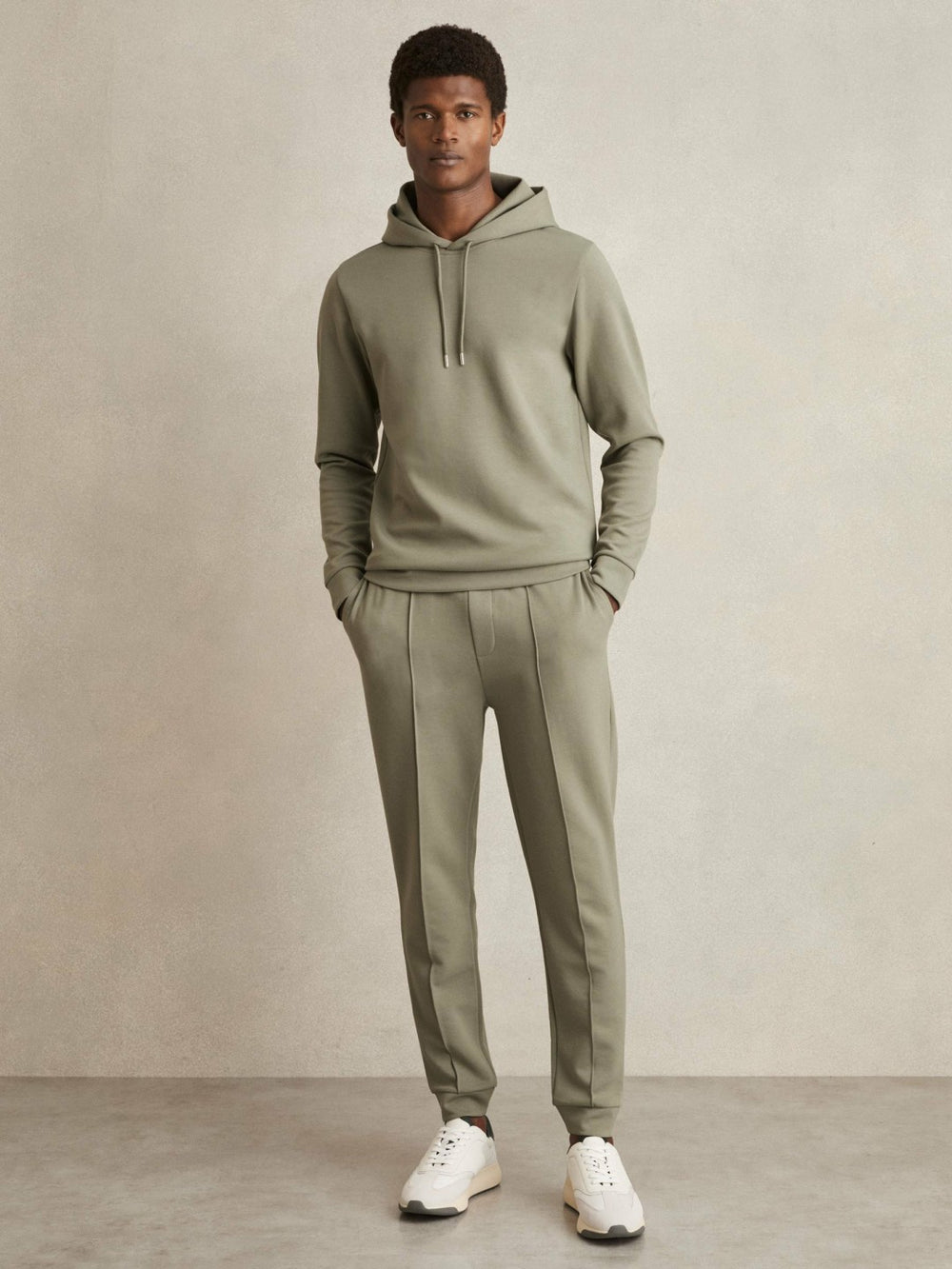Men Interlock Jersey Drawstring Hoodie in Sage