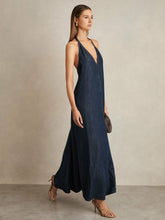 Women Denim Halterneck Maxi Dress in Indigo