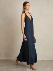 Women Denim Halterneck Maxi Dress in Indigo