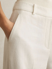 Women Petite Linen-Blend Wide-Leg Trousers in White