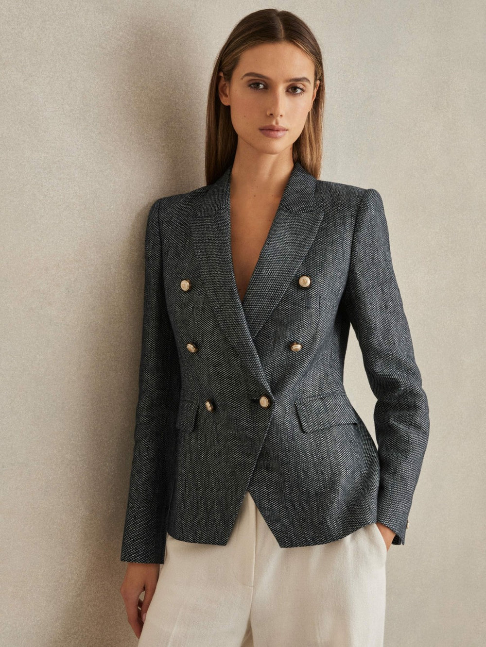 Women Linen-Cotton Double-Breasted Blazer in Navy