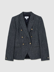 Women Linen-Cotton Double-Breasted Blazer in Navy