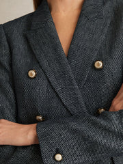 Women Linen-Cotton Double-Breasted Blazer in Navy