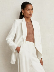 Women Petite Linen-Blend Double-Breasted Suit Jacket in White