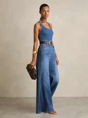 Women Wide-Leg Racer-Back Denim Jumpsuit in Indigo
