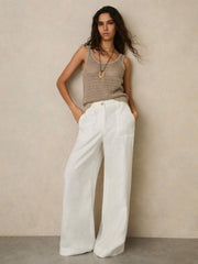 Women Petite Linen Wide Leg Trousers in White