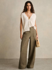 Women Linen Wide Leg Trousers in Khaki