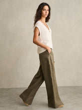 Women Petite Linen Wide Leg Trousers in Khaki