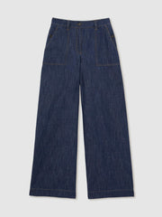 Women Petite Linen Wide Leg Trousers in Indigo