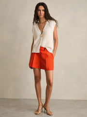Women Tailored Shorts With Linen in Orange