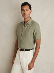 Men Slim Fit Linen Button-Through Shirt in Thyme Green