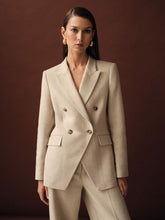 Women Linen-Blend Double-Breasted Suit Jacket in Neutral