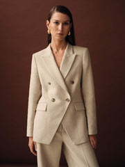 Women Linen-Blend Double-Breasted Suit Jacket in Neutral