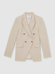 Women Linen-Blend Double-Breasted Suit Jacket in Neutral