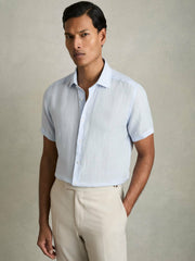 Men Slim Fit Linen Button-Through Shirt in Pale Blue