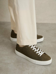 Men Nubuck-Leather Low-Top Trainers in Olive Green