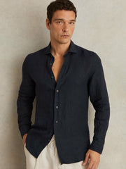 Men Linen Button-Through Shirt in Navy