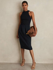 Women Petite Tailored Midi Suit Skirt in Navy