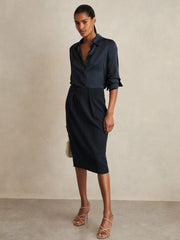 Women Tailored Midi Suit Skirt in Navy