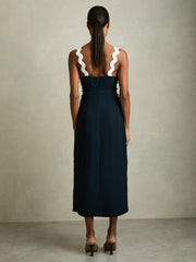 Women Wave-Trim Crepe Midi Dress in Navy