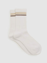 Women Cotton-Blend Striped Crew Socks in White