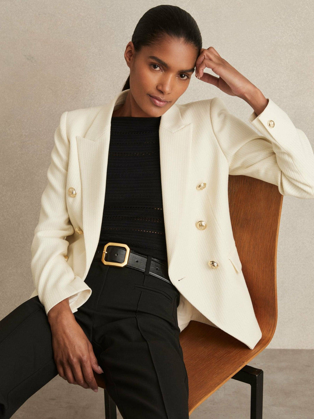 Women Petite Tailored Fit Textured Double Breasted Blazer in White