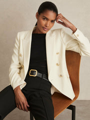 Women Petite Tailored Fit Textured Double Breasted Blazer in White