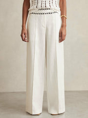 Women Linen Wide-Leg Whipstitch Trousers in White