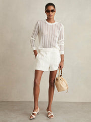 Women Linen Whipstitch Shorts in White