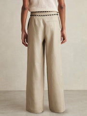 Women Linen Wide-Leg Whipstitch Trousers in Neutral