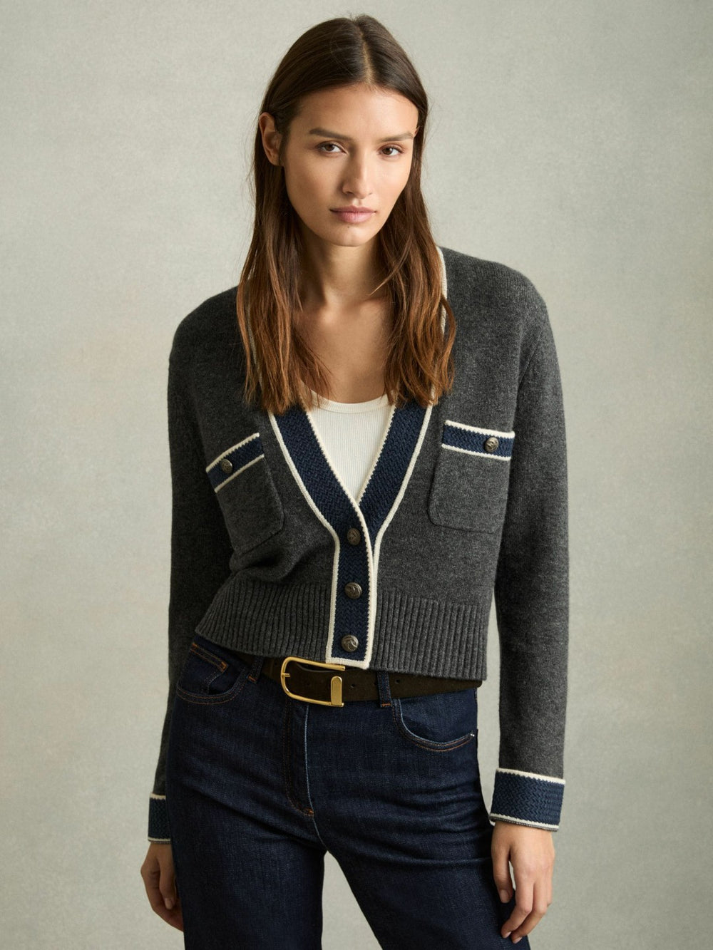 Women Wool-Cashmere Tipped V-Neck Cardigan in Charcoal