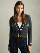 Women Wool-Cashmere Tipped V-Neck Cardigan in Charcoal