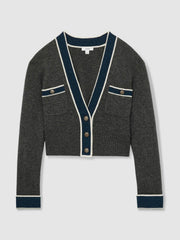 Women Wool-Cashmere Tipped V-Neck Cardigan in Charcoal