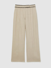 Women Petite Linen Wide-Leg Whipstitch Trousers in Neutral