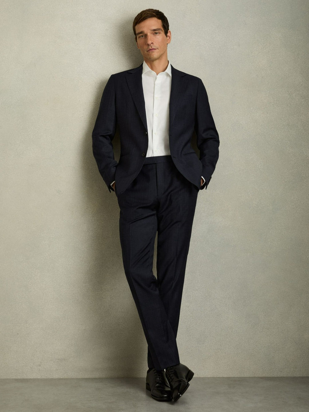 Men Slim-Fit Wool-Blend Textured Tailored Trousers in Navy