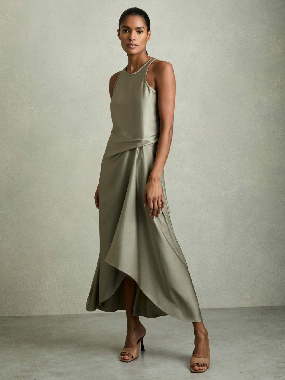 Women Satin Drape Tuck Midi Dress in Khaki