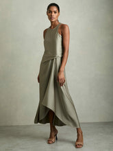 Women Satin Drape Tuck Midi Dress in Khaki