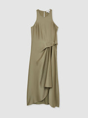 Women Satin Drape Tuck Midi Dress in Khaki